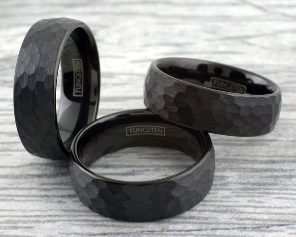 Black Brushed Hammered Finish 8mm Low Dome Tungsten Carbide Band Ring.