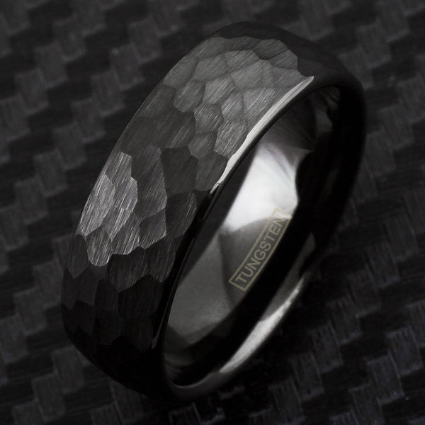 Black Brushed Hammered Finish 8mm Low Dome Tungsten Carbide Band Ring.