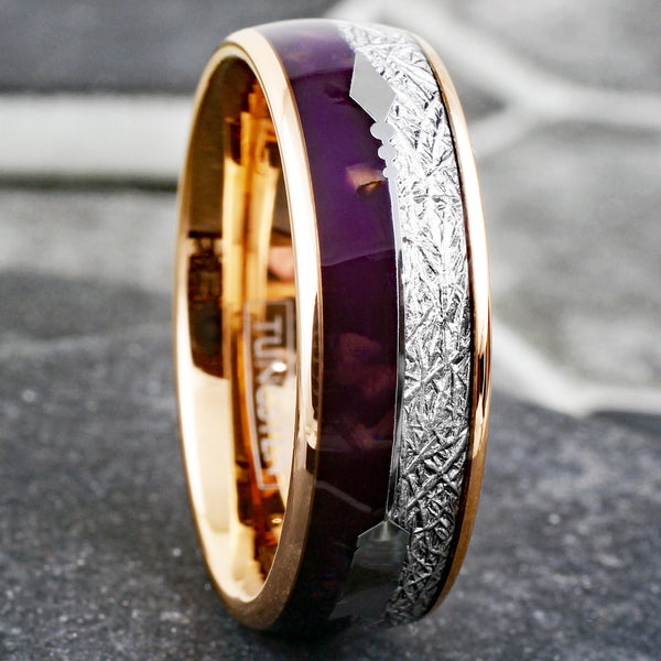 Brilliant Rose Gold Tungsten Low Dome Ring w/ Speckled Purple Lapis Lazuli, Faux Meteorite, and Silver Feathered Arrow Inlays. Couple Ring