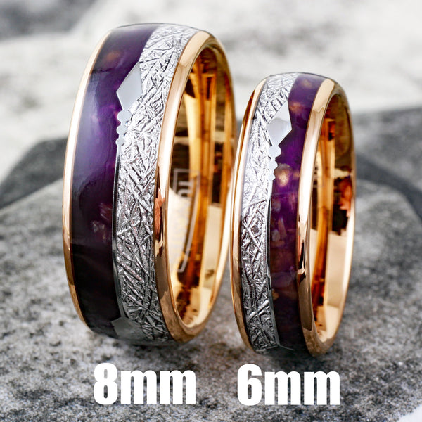 Brilliant Rose Gold Tungsten Low Dome Ring w/ Speckled Purple Lapis Lazuli, Faux Meteorite, and Silver Feathered Arrow Inlays. Couple Ring
