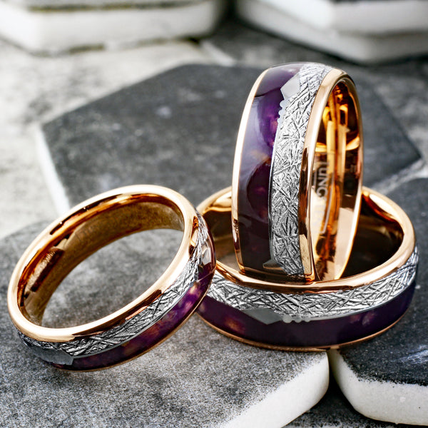 Brilliant Rose Gold Tungsten Low Dome Ring w/ Speckled Purple Lapis Lazuli, Faux Meteorite, and Silver Feathered Arrow Inlays. Couple Ring