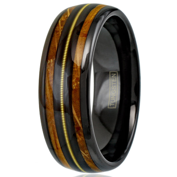Awesome Polished Black Tungsten Low Dome Ring with Genuine Guitar String on Black Between Whiskey Barrel Oak Wood Inlays.