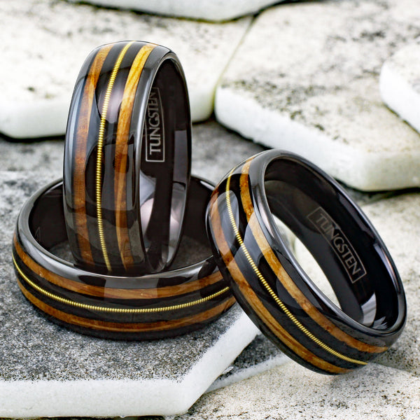 Awesome Polished Black Tungsten Low Dome Ring with Genuine Guitar String on Black Between Whiskey Barrel Oak Wood Inlays.