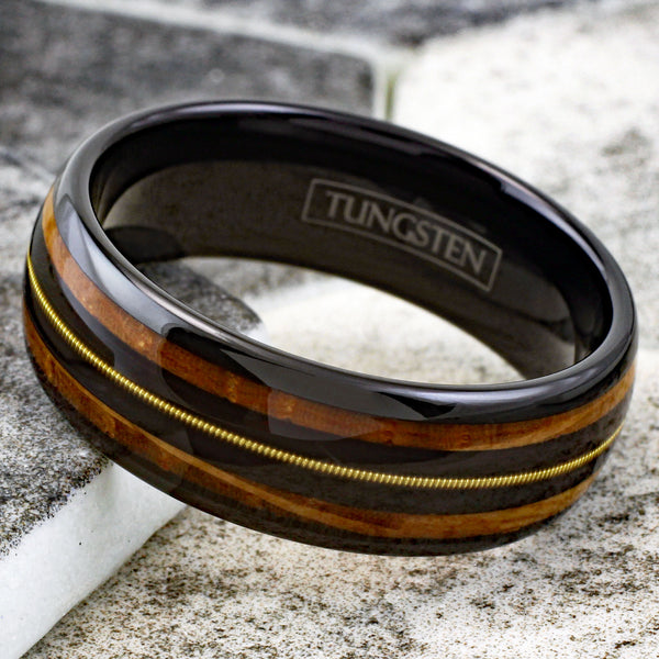 Awesome Polished Black Tungsten Low Dome Ring with Genuine Guitar String on Black Between Whiskey Barrel Oak Wood Inlays.
