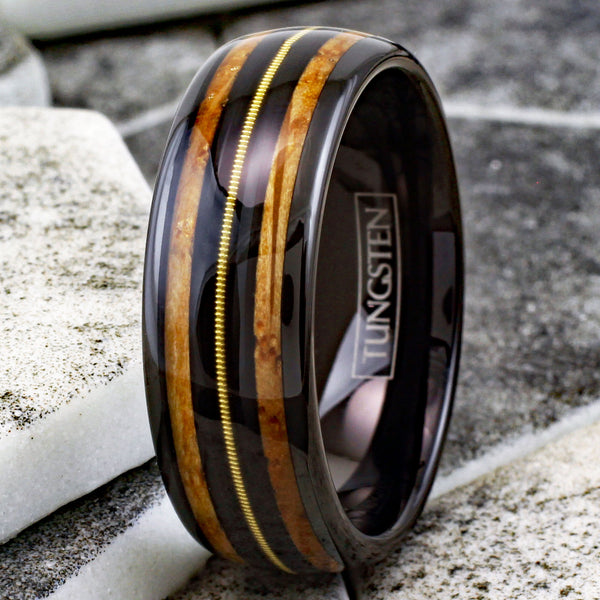 Awesome Polished Black Tungsten Low Dome Ring with Genuine Guitar String on Black Between Whiskey Barrel Oak Wood Inlays.