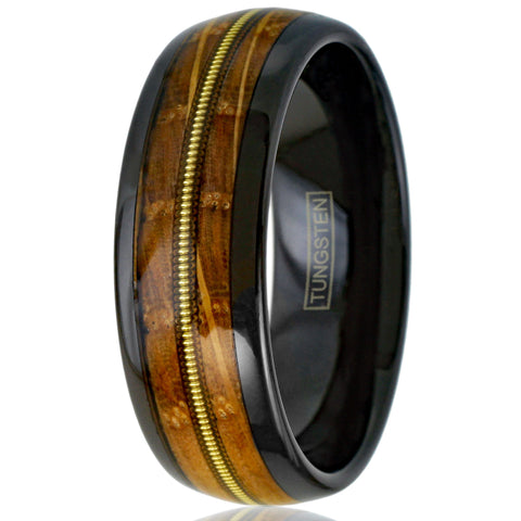 Gorgeous Polished Black Tungsten Low Dome Ring with Cool Genuine Guitar String Between Whiskey Barrel Oak Wood Inlays..