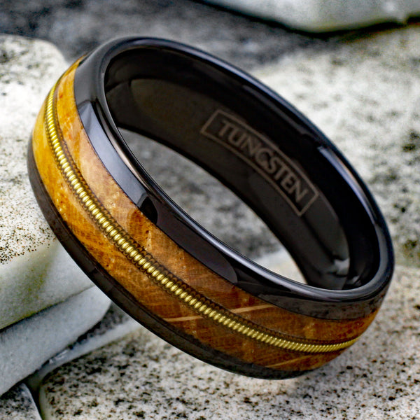 Gorgeous Polished Black Tungsten Low Dome Ring with Cool Genuine Guitar String Between Whiskey Barrel Oak Wood Inlays..