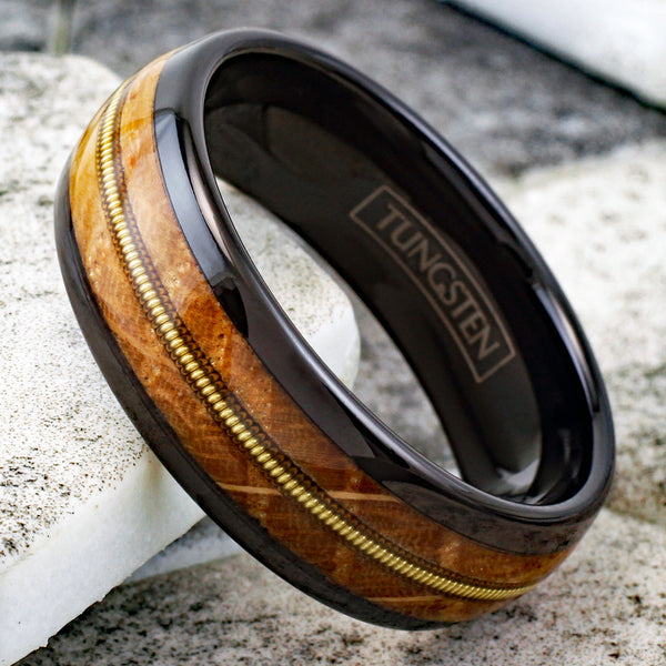 Gorgeous Polished Black Tungsten Low Dome Ring with Cool Genuine Guitar String Between Whiskey Barrel Oak Wood Inlays..