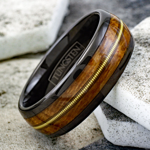 Gorgeous Polished Black Tungsten Low Dome Ring with Cool Genuine Guitar String Between Whiskey Barrel Oak Wood Inlays..