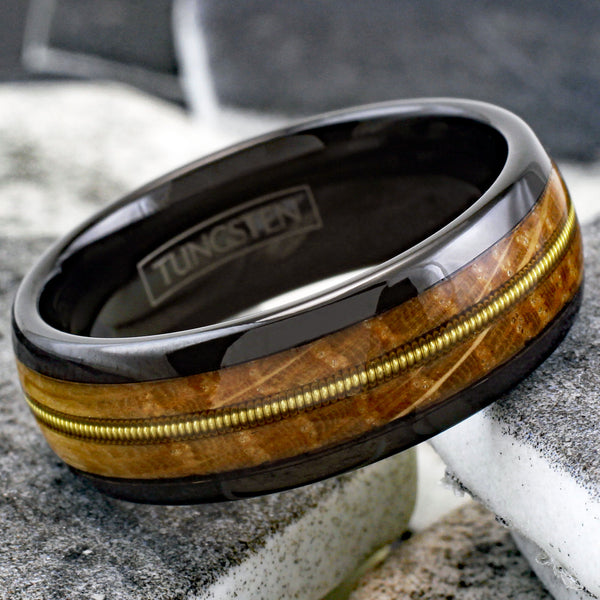 Gorgeous Polished Black Tungsten Low Dome Ring with Cool Genuine Guitar String Between Whiskey Barrel Oak Wood Inlays..