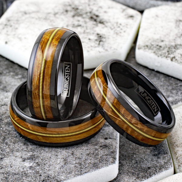 Gorgeous Polished Black Tungsten Low Dome Ring with Cool Genuine Guitar String Between Whiskey Barrel Oak Wood Inlays..