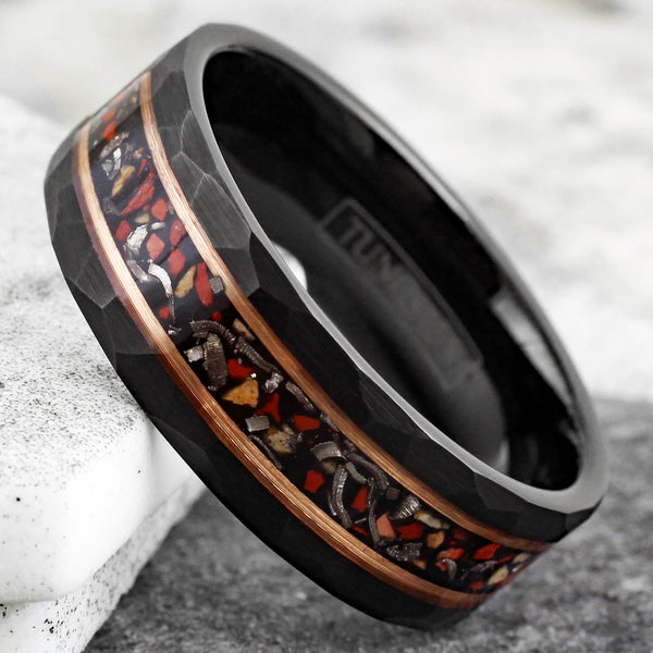 Spectacular Faceted Brushed Finish Black Tungsten Flat Band Ring with Crushed Faux Dinosaur Bone and Black Faux Meteorite Inlay between Rose Gold Stripes.