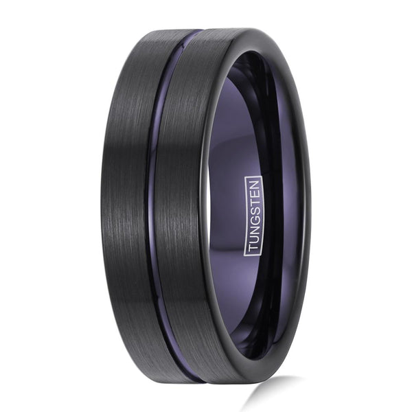 Exquisite Brushed Finish Black Flat Band Tungsten Ring w/ Deep Purple Stripe & Purple Inner Band.