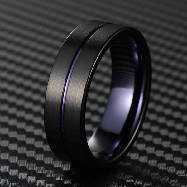 Exquisite Brushed Finish Black Flat Band Tungsten Ring w/ Deep Purple Stripe & Purple Inner Band.
