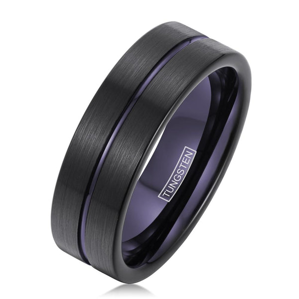 Exquisite Brushed Finish Black Flat Band Tungsten Ring w/ Deep Purple Stripe & Purple Inner Band.