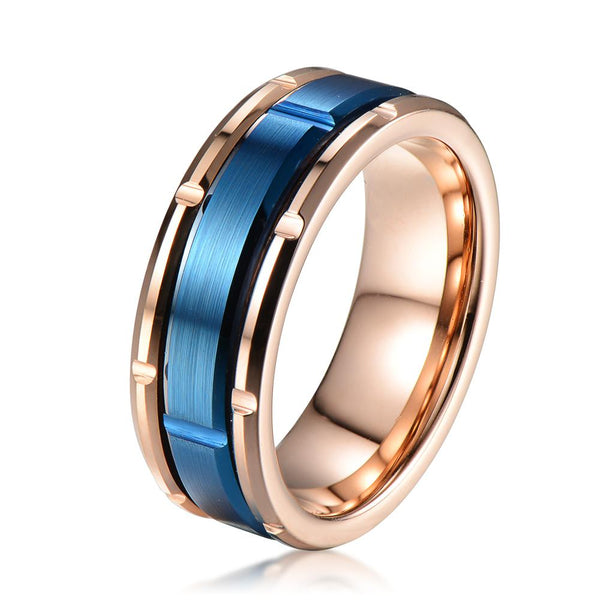 Stunning Rose Gold Tungsten Ring with Brushed Finished Notched Royal Blue Center Band.