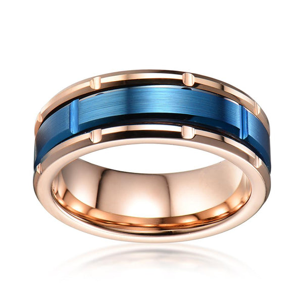 Stunning Rose Gold Tungsten Ring with Brushed Finished Notched Royal Blue Center Band.