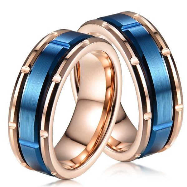 Stunning Rose Gold Tungsten Ring with Brushed Finished Notched Royal Blue Center Band.