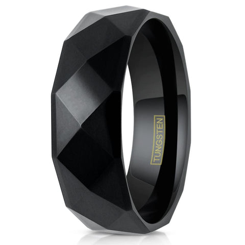 Lavish 8mm Black Tungsten Band Ring in Radiant Pyramid Faceted Black Mirror Finish