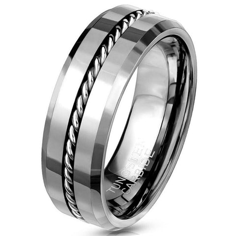 Brilliant Mirror Polished Tungsten Band Ring with Silver Rope Inlay and Beveled Edges.