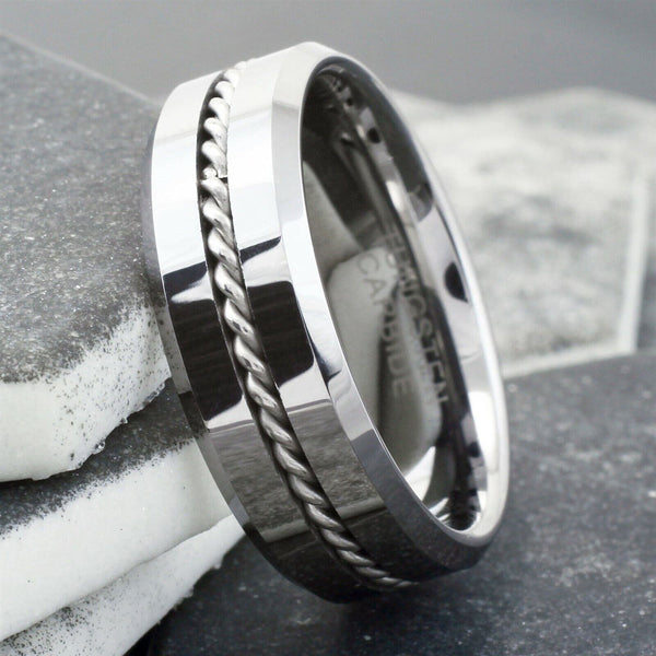 Brilliant Mirror Polished Tungsten Band Ring with Silver Rope Inlay and Beveled Edges.
