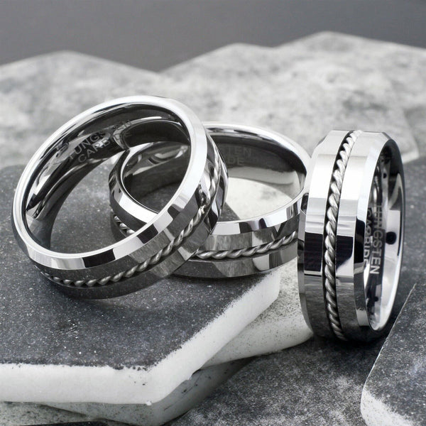 Brilliant Mirror Polished Tungsten Band Ring with Silver Rope Inlay and Beveled Edges.