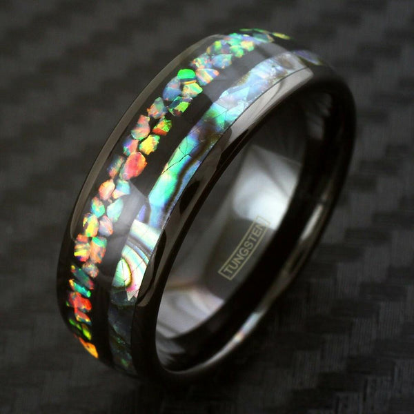 Stunning Polished Black Tungsten Dome Ring w/ Dazzling Man-Made Hawaii Opal & Brilliant Abalone Inlays.