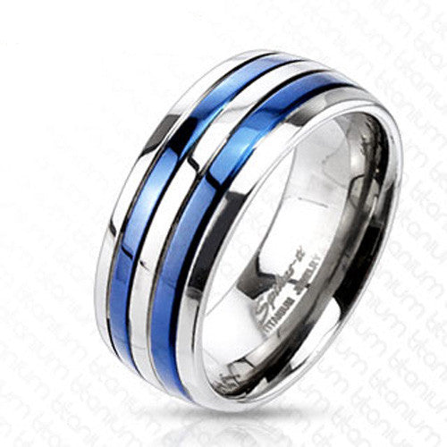 Mirror polished titanium ring with two beautiful royal blue stripes | Wholesale Titanium Rings | Wedding Bands