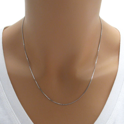 Sterling Silver Rhodium Finish Box Chain Necklace 0.80mm (Gauge 015). Available in 4 Lengths.