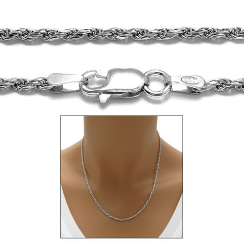 Sterling Silver Rhodium Finish Rope Chain Necklace 2.0mm (Gauge 040). Available in 6 Lengths.