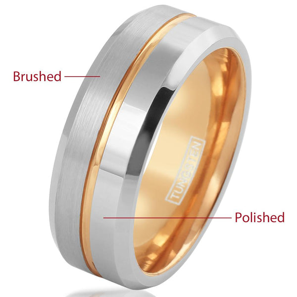 Silver tungsten ring half brushed half polished band - rose gold stripe & inner band - Wholesale tungsten rings - wedding bands | Text photo
