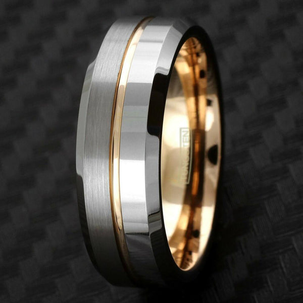 Silver tungsten ring half brushed half polished band - rose gold stripe & inner band - Wholesale tungsten rings - wedding bands | Black photo