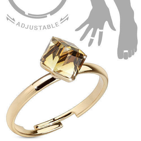 Adjustable 14K Gold Ion Plated Brass Mid-Ring/Toe Ring with Beige Square Cut CZ