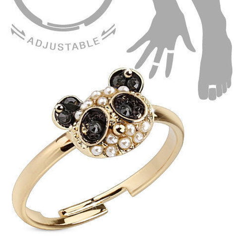 Adjustable Panda Mid-Ring/ToeRing with CZs and Pearls | Wholesale 316L Stainless Steel Jewelry |