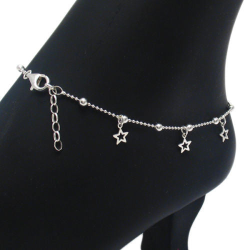 Adjustable Dangling Star Charms Beaded Anklet | Wholesale Sterling Silver Jewelry 