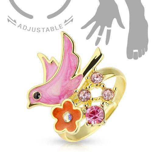 Gold Plated Brass Bird and Flowers with CZ | Wholesale 316L Stainless Steel Jewelry | Main