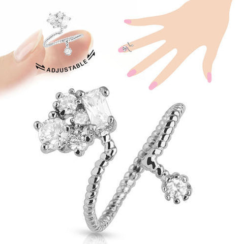 Adjustable Rhodium Plated Brass Clustered CZs Nail-Ring | Wholesale 316L Stainless Steel Jewelry |