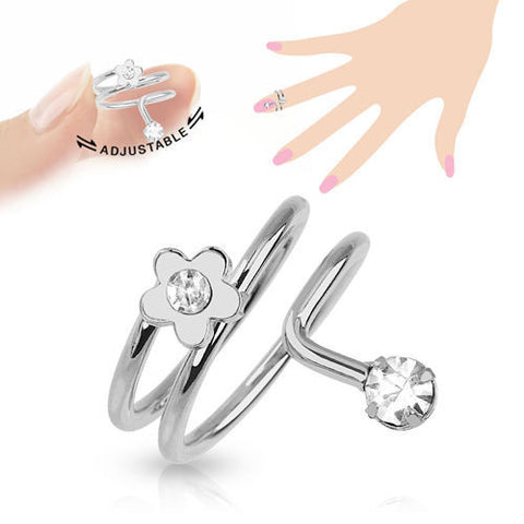 Adjustable Rhodium Plated Brass Flower Nail-Ring with CZs | Wholesale 316l Stainless Steel Jewelry | Main