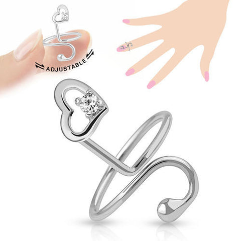 Adjustable Rhodium Plated Brass Paved Gem Heart Nail-Ring | Wholesale 316L Stainless Steel Jewelry | Main