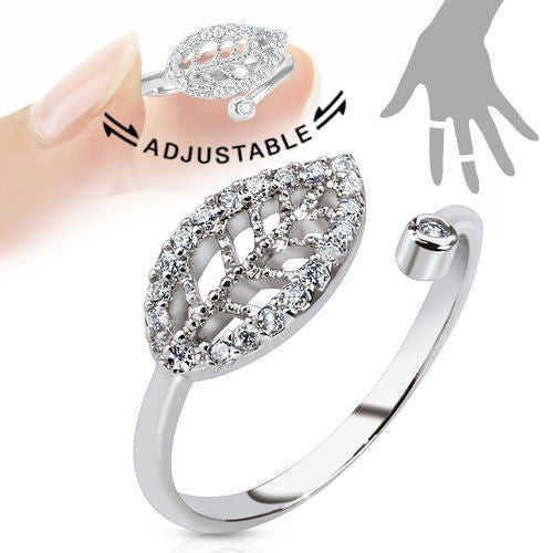 Rhodium Plated Brass Petite Leaf Mid-Ring or Toe-Ring with CZs | Wholesale 316L Stainless Steel Jewelry |