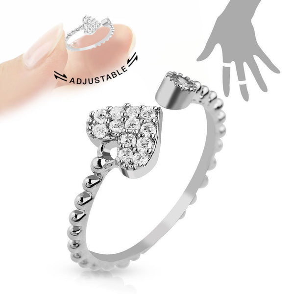 Adjustable Rhodium Plated Brass Heart Mid-Ring/Toe-Ring | Wholesale Sterling Silver Jewelry | 