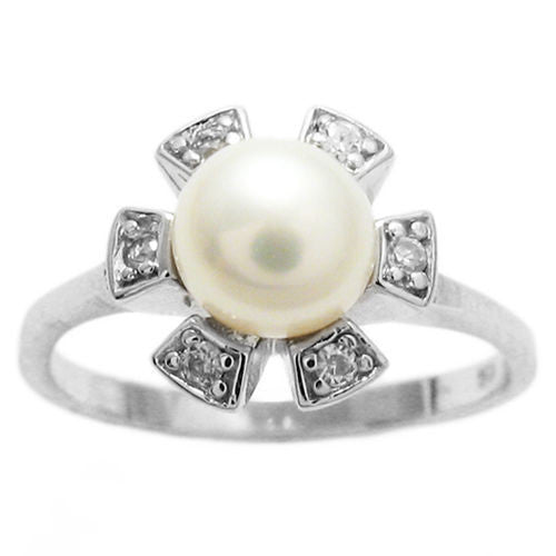 Freshwater pearl on CZ Accented Petal Setting | Wholesale sterling silver rings - Jewelry | Alternate photo