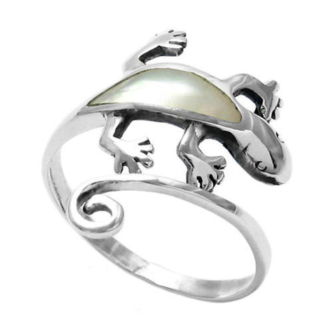 Adorable gecko ring with gleaming mother of pearl inlay | Wholesale sterling silver rings - Jewelry | Main photo