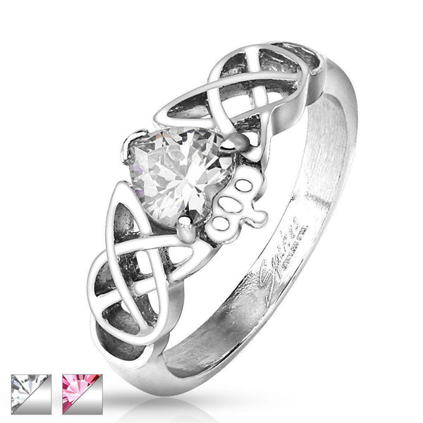 Claddagh ring with CZ heart on Celtic knot | Wholesale stainless steel rings - Jewelry | Large photo