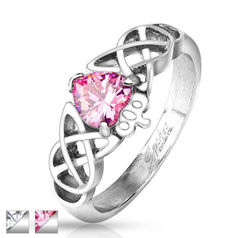 Claddagh ring with pink CZ heart on Celtic knot | Wholesale stainless steel rings - Jewelry | Main photo