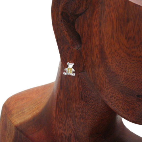 Adorable Teddy Bear with Gold Ribbon Design Earrings | Wholesale Sterling Silver Jewelry | Alternate
