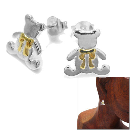 Adorable Teddy Bear with Gold Ribbon Design Earrings | Wholesale Sterling Silver Jewelry | Alternate