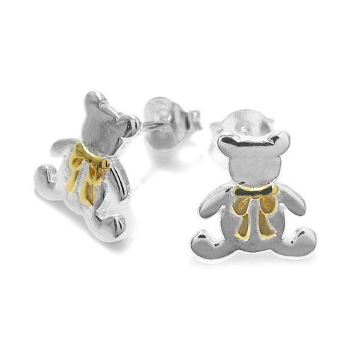 Adorable Teddy Bear with Gold Ribbon Design Earrings | Wholesale Sterling Silver Jewelry | Main