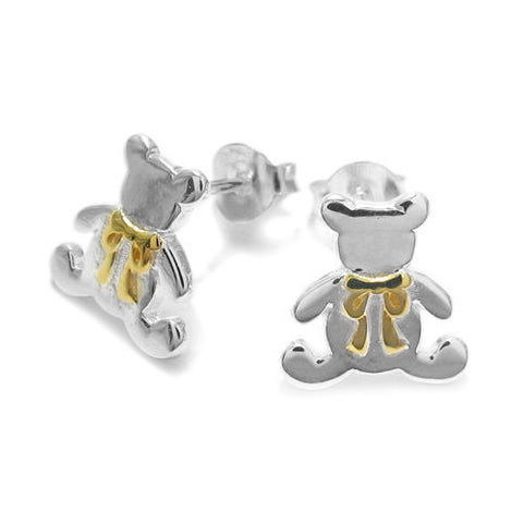 Adorable Teddy Bear with Gold Ribbon Design Earrings | Wholesale Sterling Silver Jewelry | Main
