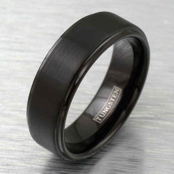 Black Tungsten Ring | Raised Center Band | Stepped Edge | Wholesale Tungsten Rings & Wedding Bands | Metal Photo